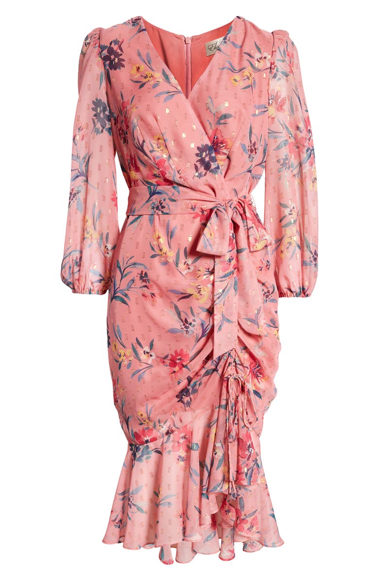 Eliza J Metallic Fleck Floral Long Sleeve Body-Con Dress, Alternate, color, Blush