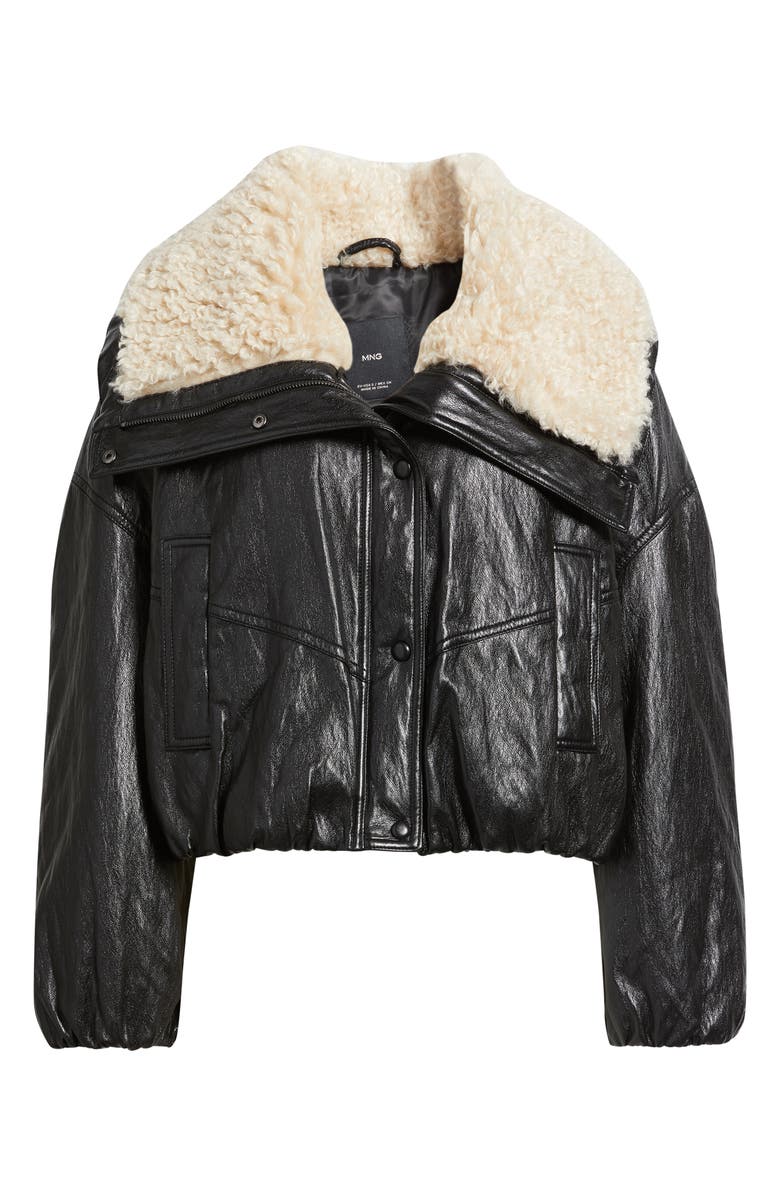 MANGO Faux Leather Jacket with Faux Shearling Collar, Alternate, color, Black