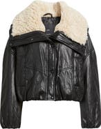 MANGO Faux Leather Jacket with Faux Shearling Collar