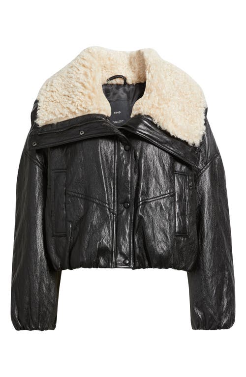 Mango Faux Leather Jacket With Faux Shearling Collar In Black