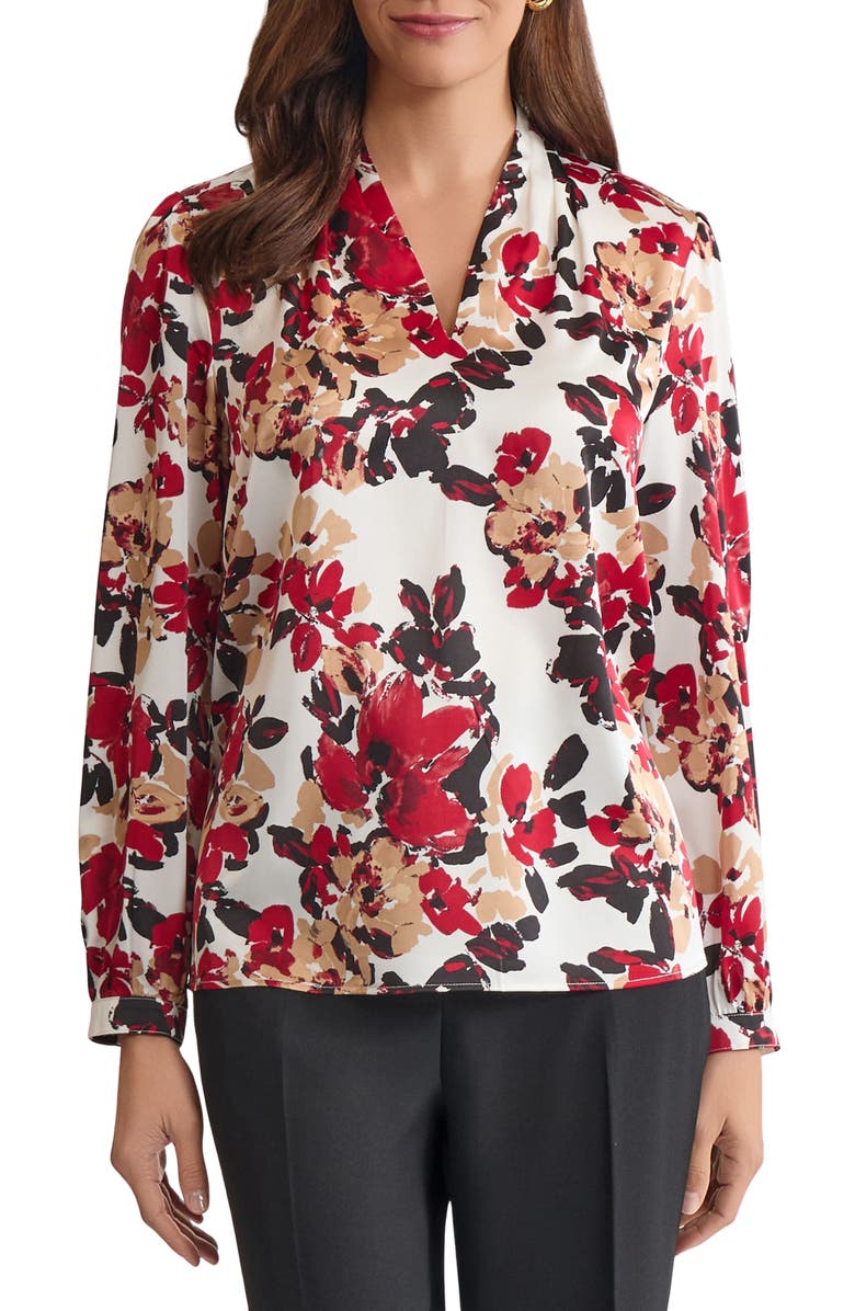 KASPER Floral Print Pleated Shoulder Top, Main, color, Vanilla Ice Multi