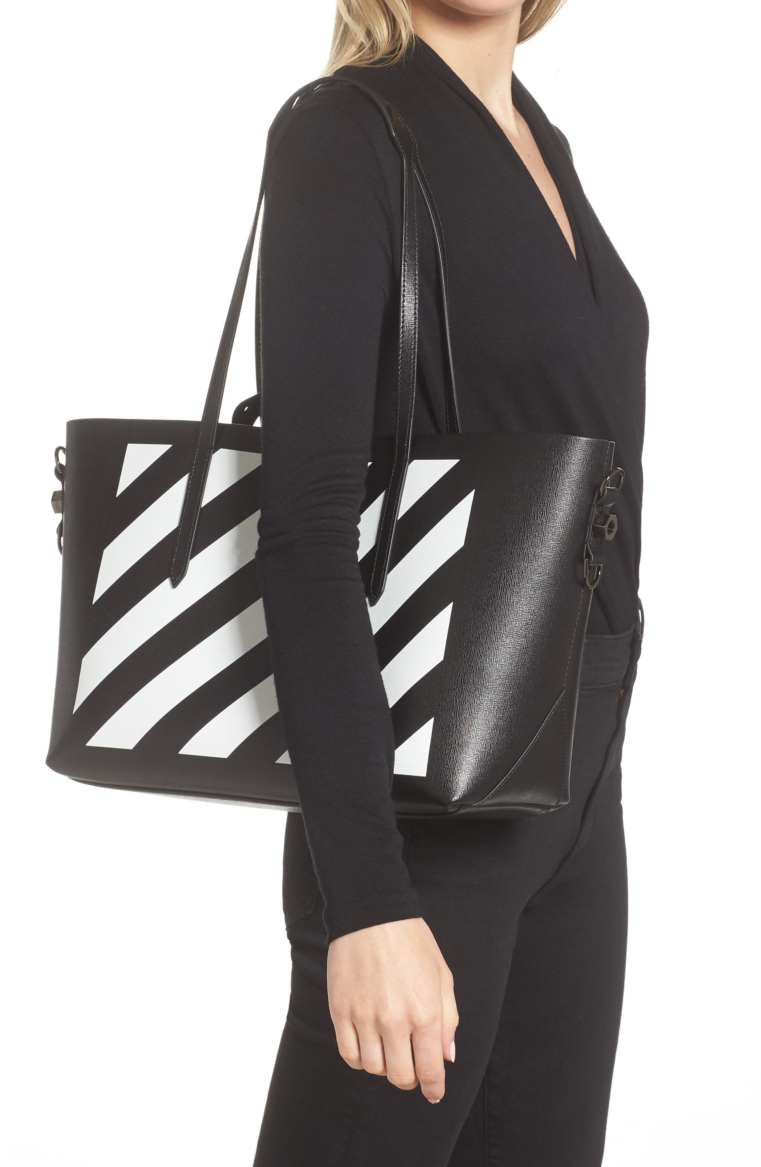 Off-White Binder Clip Diagonal Stripe Leather Shopper, Alternate, color, 