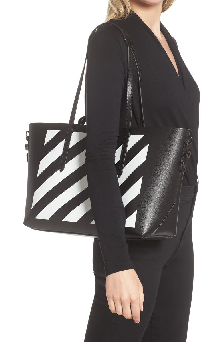 Off-White Binder Clip Diagonal Stripe Leather Shopper, Alternate, color,