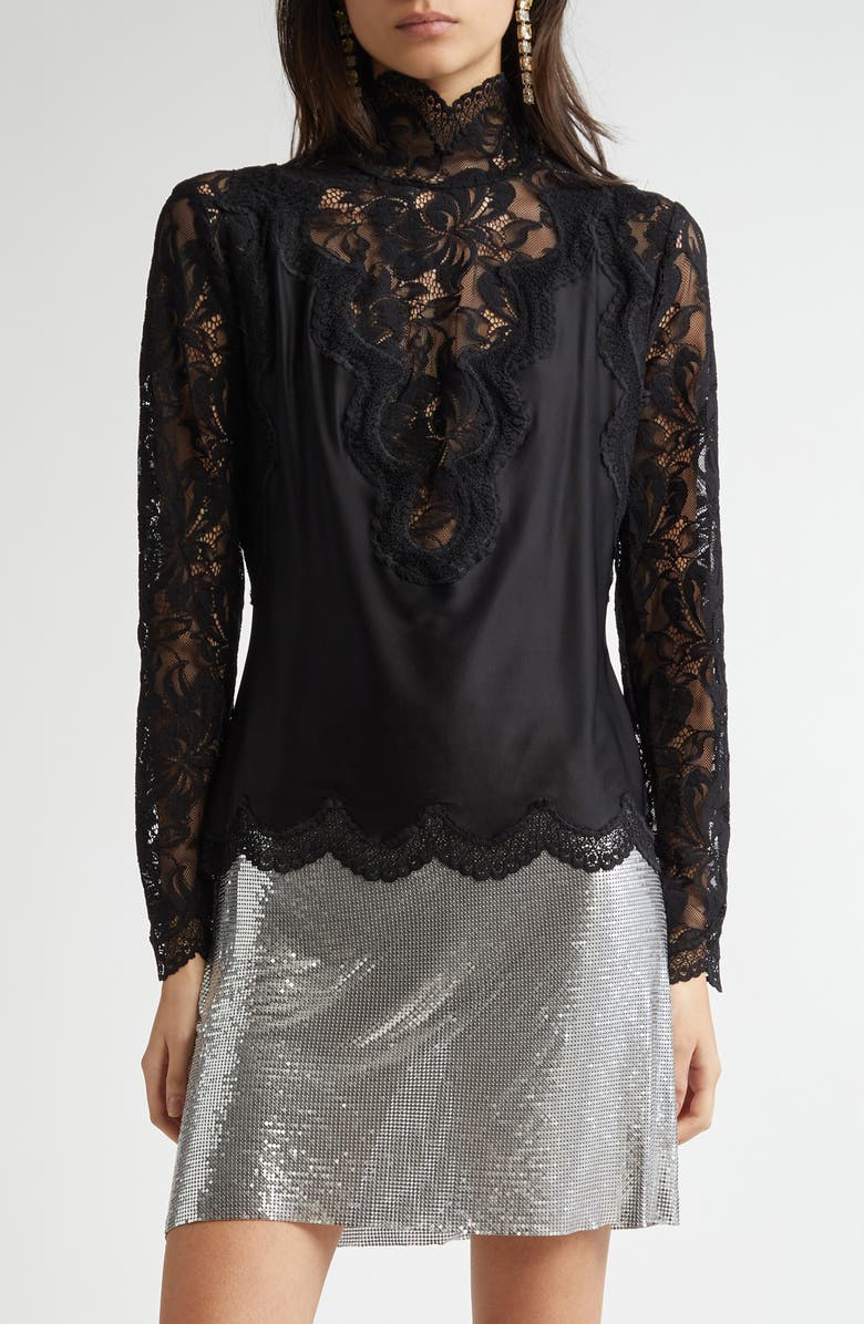 Rabanne Mock Neck Lace & Satin Top, Main, color, Black