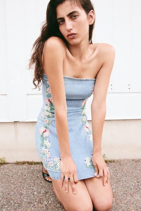 Embroidered Denim Bandeau Dress