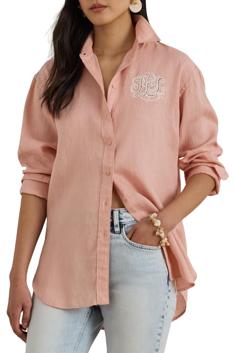 Relaxed Fit Eyelet Logo Embroidered Linen Button-Up Shirt, Main, color, PINK RHODONITE