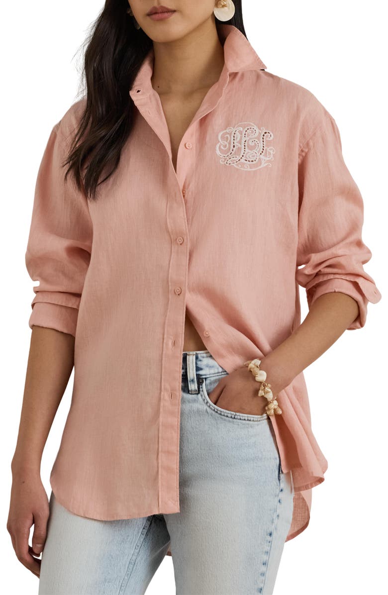 Lauren Ralph Lauren Relaxed Fit Eyelet Logo Embroidered Linen Button-Up Shirt, Main, color, Pink Rhodonite