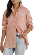 Lauren Ralph Lauren Relaxed Fit Eyelet Logo Embroidered Linen Button-Up Shirt