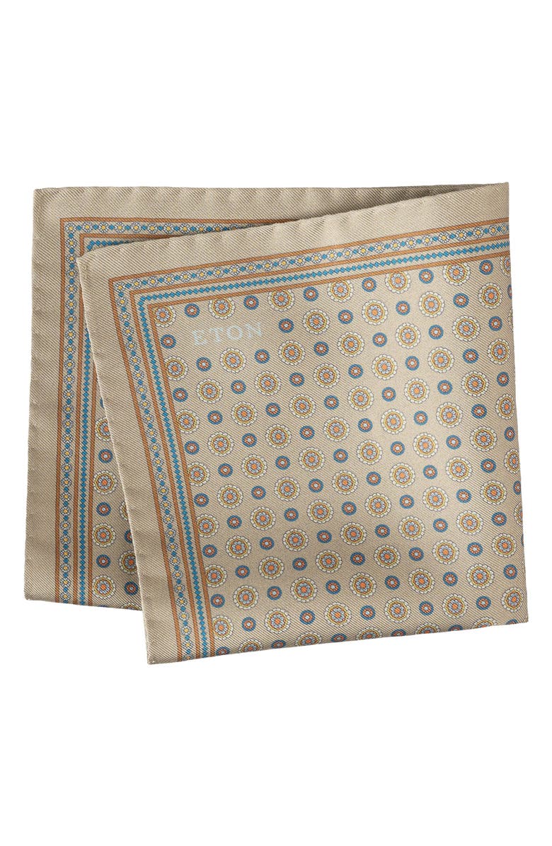 Eton Medallion Print Silk Twill Pocket Square, Main, color, Light Beige