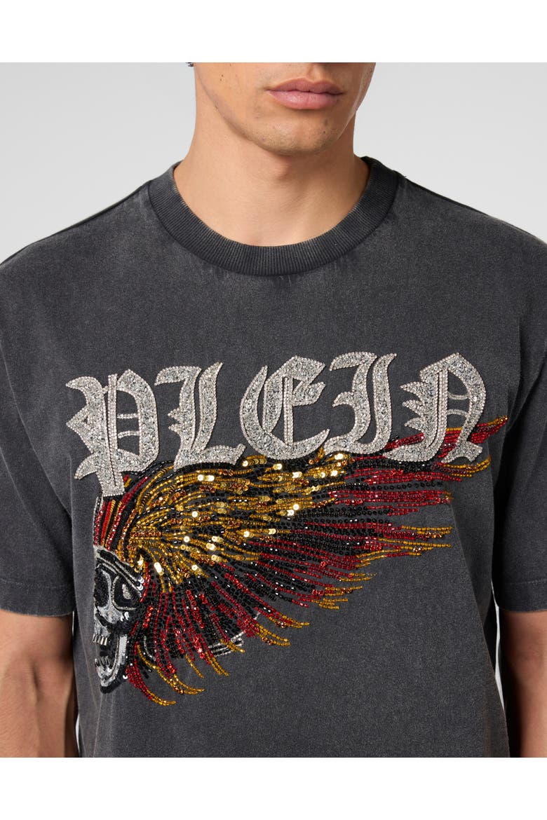 Washed Round Neck T-Shirt Eagle Skull Skull Men, Alternate, color, black