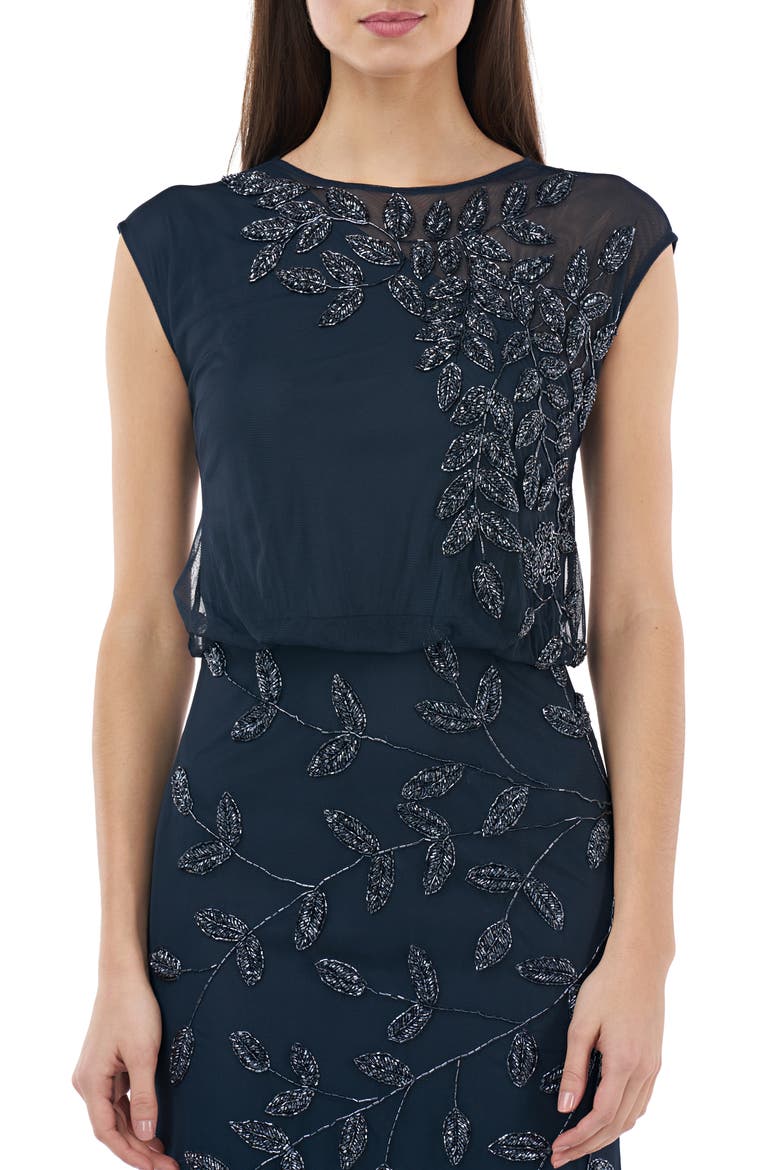 Beaded Leaf Chiffon Trumpet Gown, Alternate, color, NAVY
