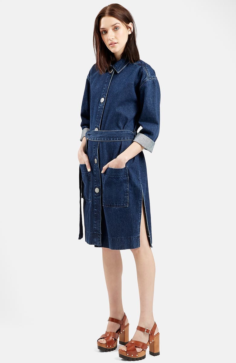 Topshop Belted Denim Jacket, Alternate, color, 