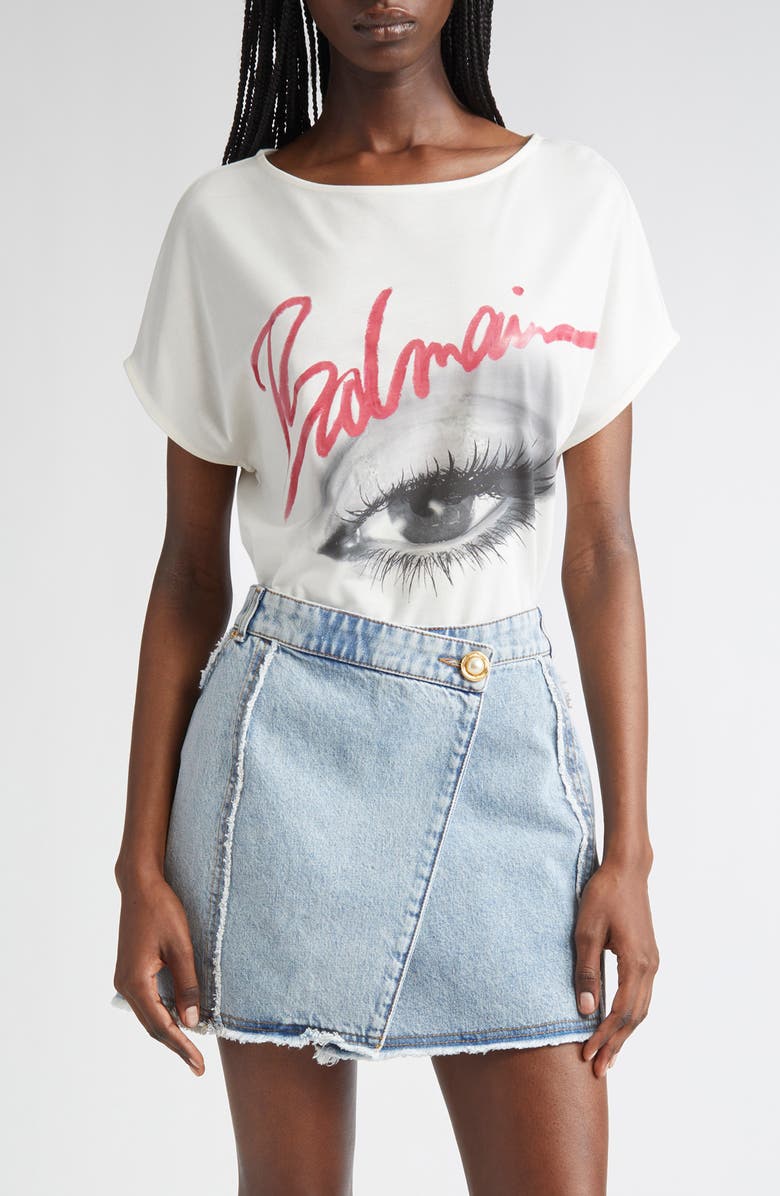 Balmain Eye Boat Neck Graphic T-Shirt, Main, color, White Multi