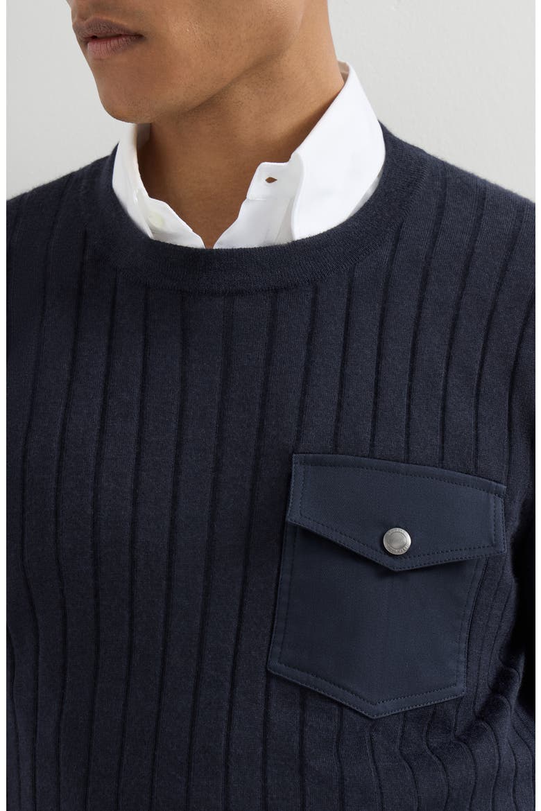 Cashmere and silk ribbed sweater with chest pocket, Alternate, color, Navy Blue