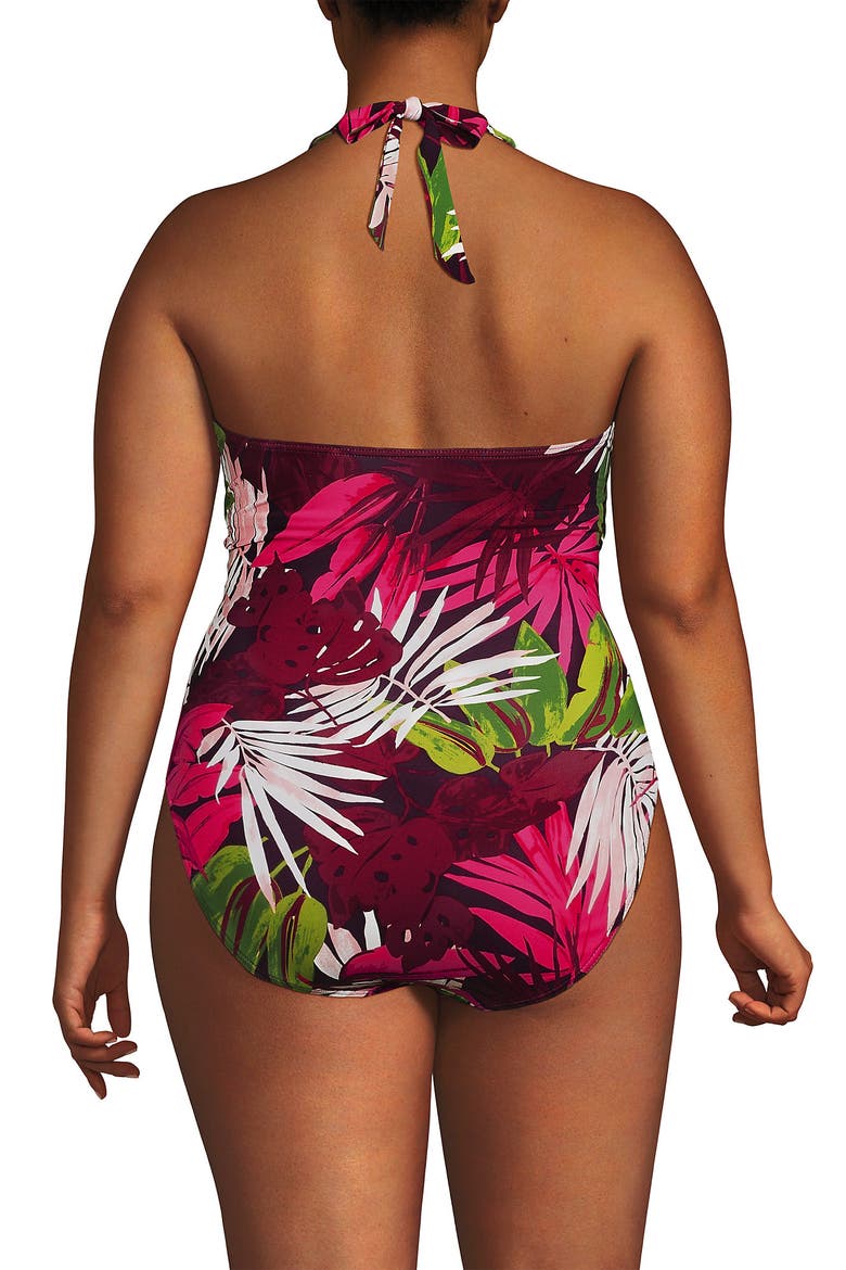 Plus Size Sculpting Suit Plunge Halter High Leg One Piece Swimsuit, Alternate, color, Dark Wine Multi Tropical Palm