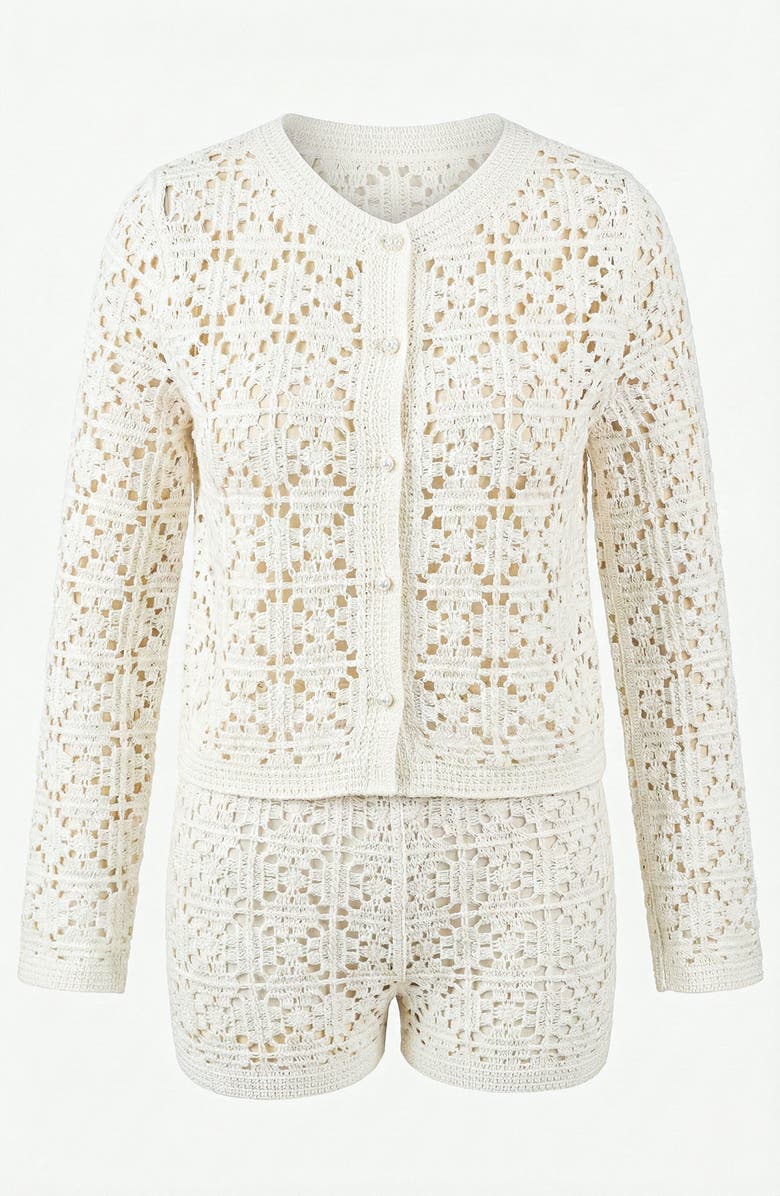 Knit & Lounge Two Piece Crochet Knit Set with Button Front Cardigan and Shorts, Alternate, color, Beige, White