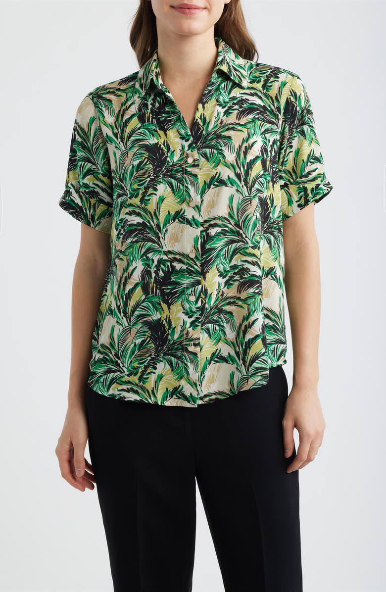 AK ANNE KLEIN Tropical Print Short Sleeve Button-Up Shirt, Main, color, 