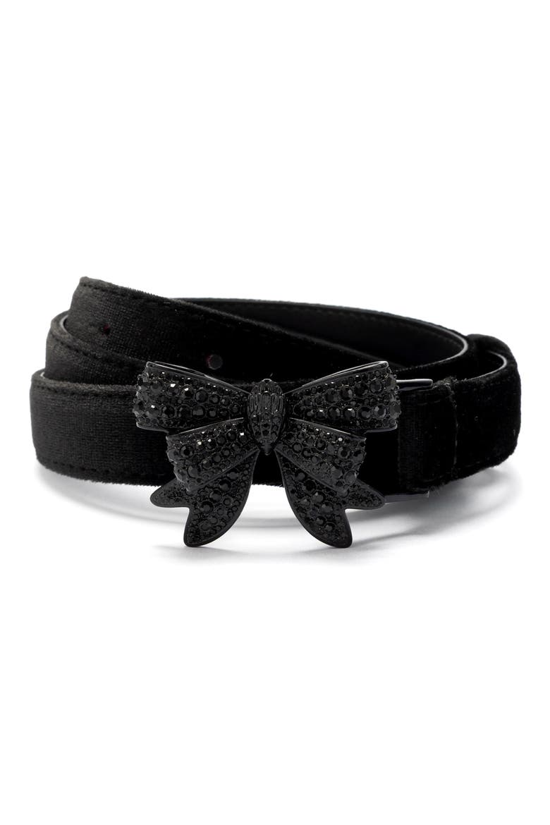 Crystal Embellished Bow Velvet Belt, Main, color, BLACK/ ANT BRASS