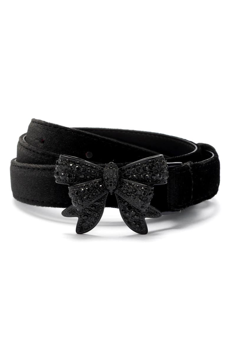 Kurt Geiger London Crystal Embellished Bow Velvet Belt, Main, color, Black/ Ant Brass