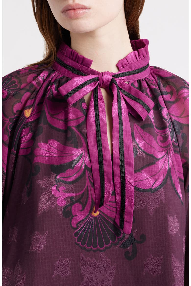Kimi Leaf Print Tie Neck Top, Alternate, color, BURGUNDY MULTI