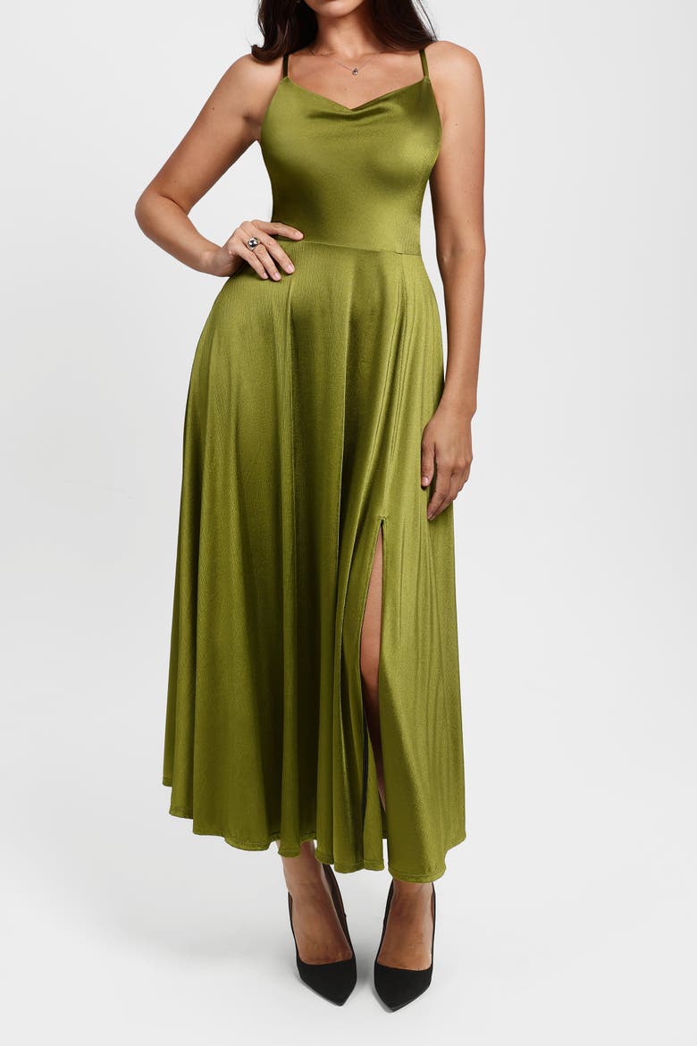 All-in-One Cowl Neck Fit & Flare Built-In Shapewear Maxi Dress, Alternate, color, Olive