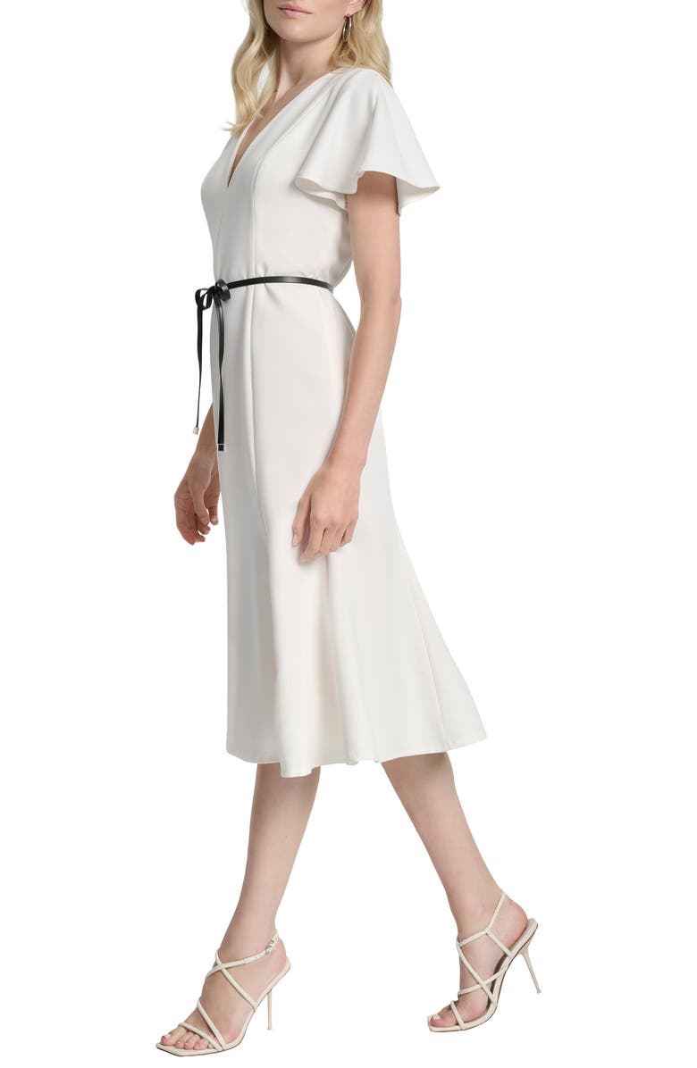 DKNY Flutter Sleeve Tie Belt Midi Dress, Alternate, color, Ivory