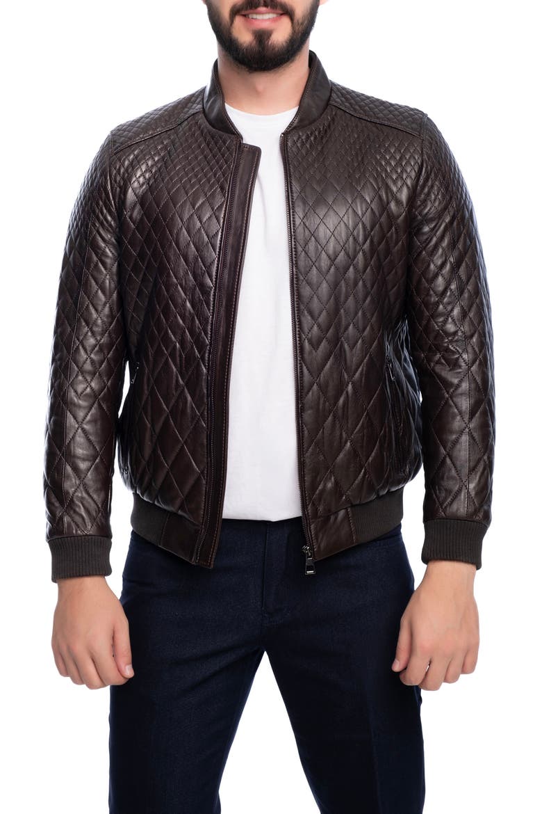 Quilted Leather Bomber Jacket, Main, color, DARK BROWN