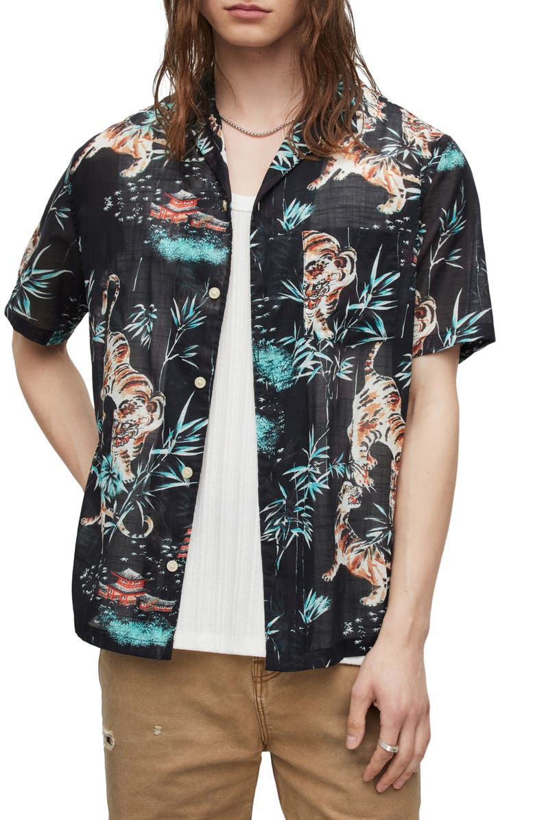 AllSaints Tagise Relaxed Fit Tiger Print Short Sleeve Cotton Button-Up Shirt, Main, color,