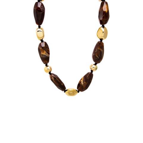 Brown Marbled Beaded Necklace with Gold