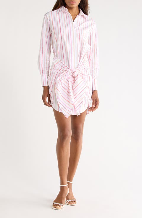 Trish Striped Long Sleeve Waist Tie Shirtdress
