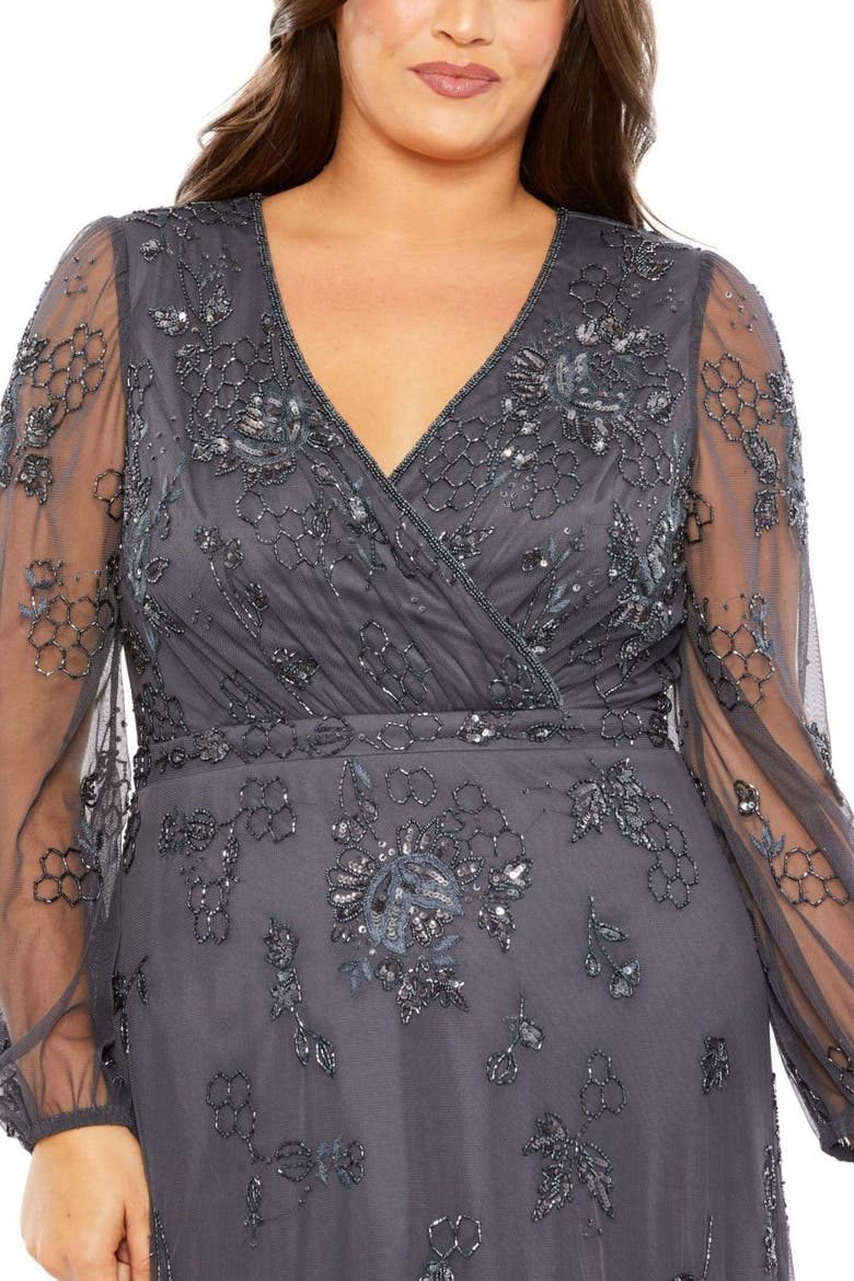Puff Sleeve V-Neck TIered Embellished Gown, Alternate, color, Charcoal