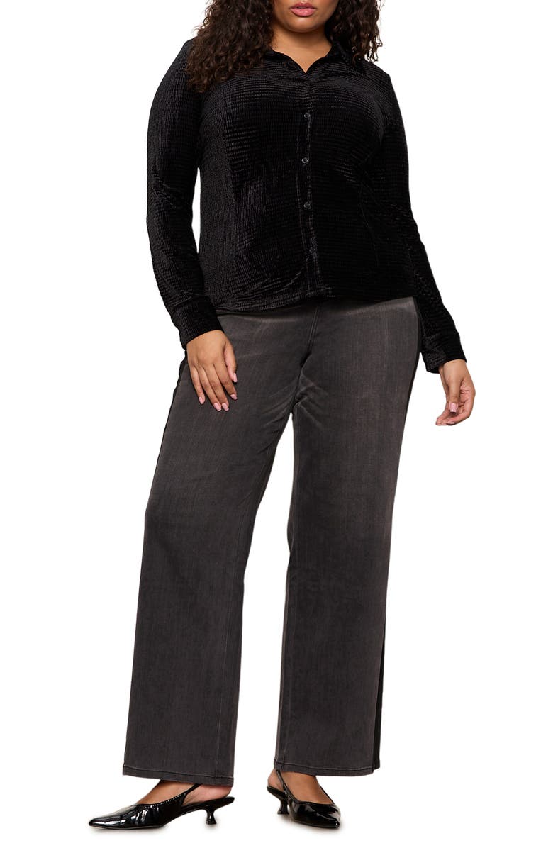 Sanctuary Fitted Textured Stripe Velvet Button-Up Shirt, Alternate, color, Black