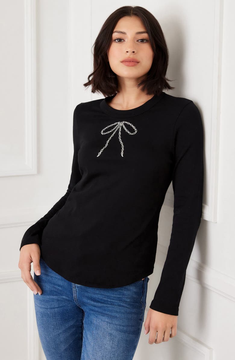 Karen Kane Embellished Rhinestone Bow Long Sleeve T-Shirt, Alternate, color, Black
