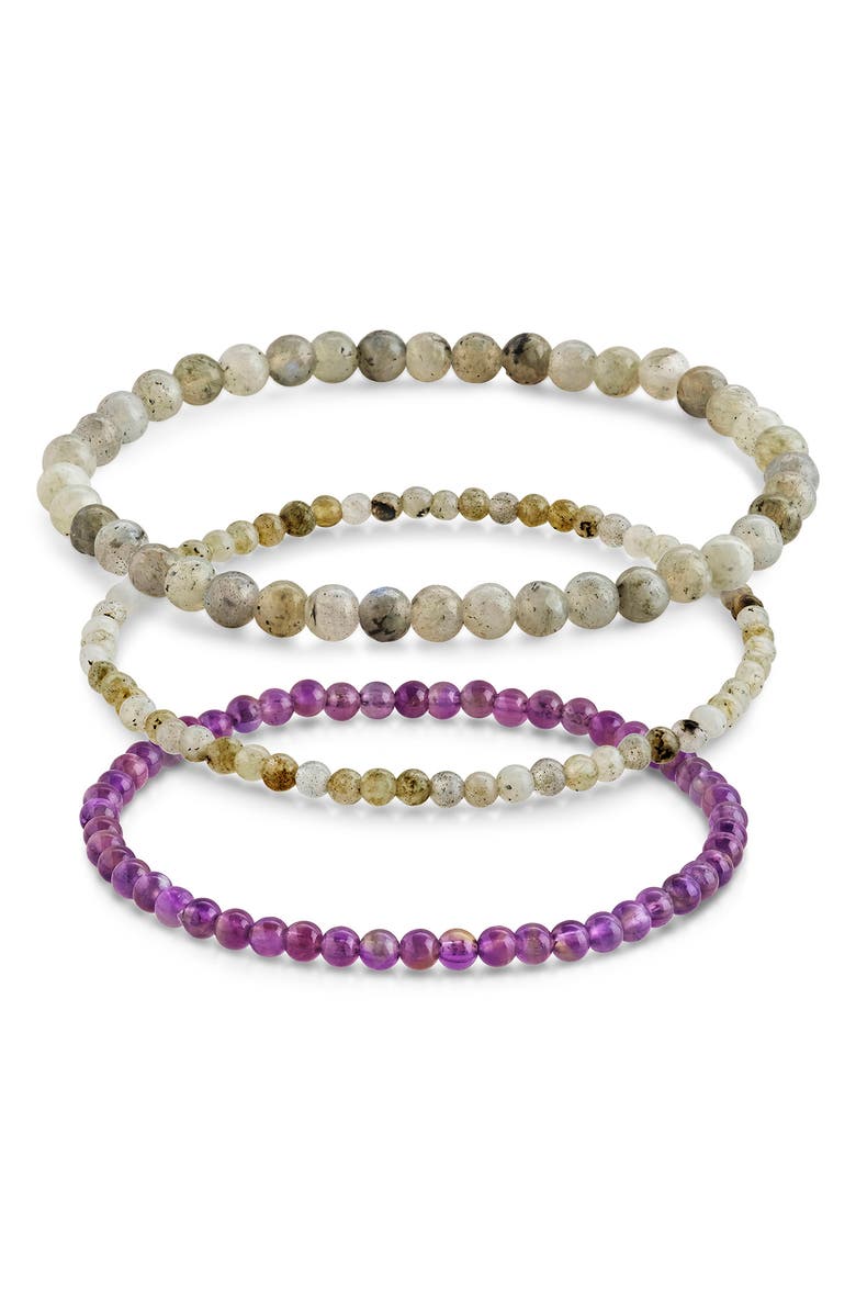 Sterling Forever Amethyst & Labradorite 3-Pack Beaded Stretch Bracelets, Alternate, color, 