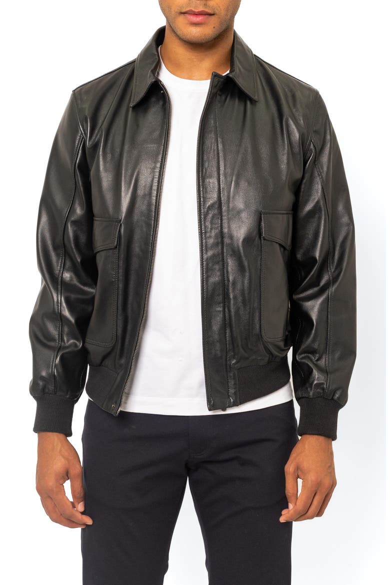 Leather Bomber Jacket, Main, color, BLACK