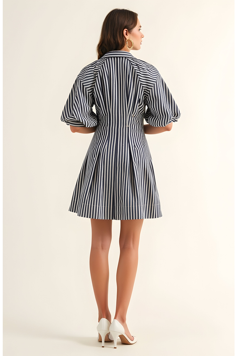 Striped Puff Sleeve Tailored Shirt Dress, Alternate, color, Navy Blue / White Stripe