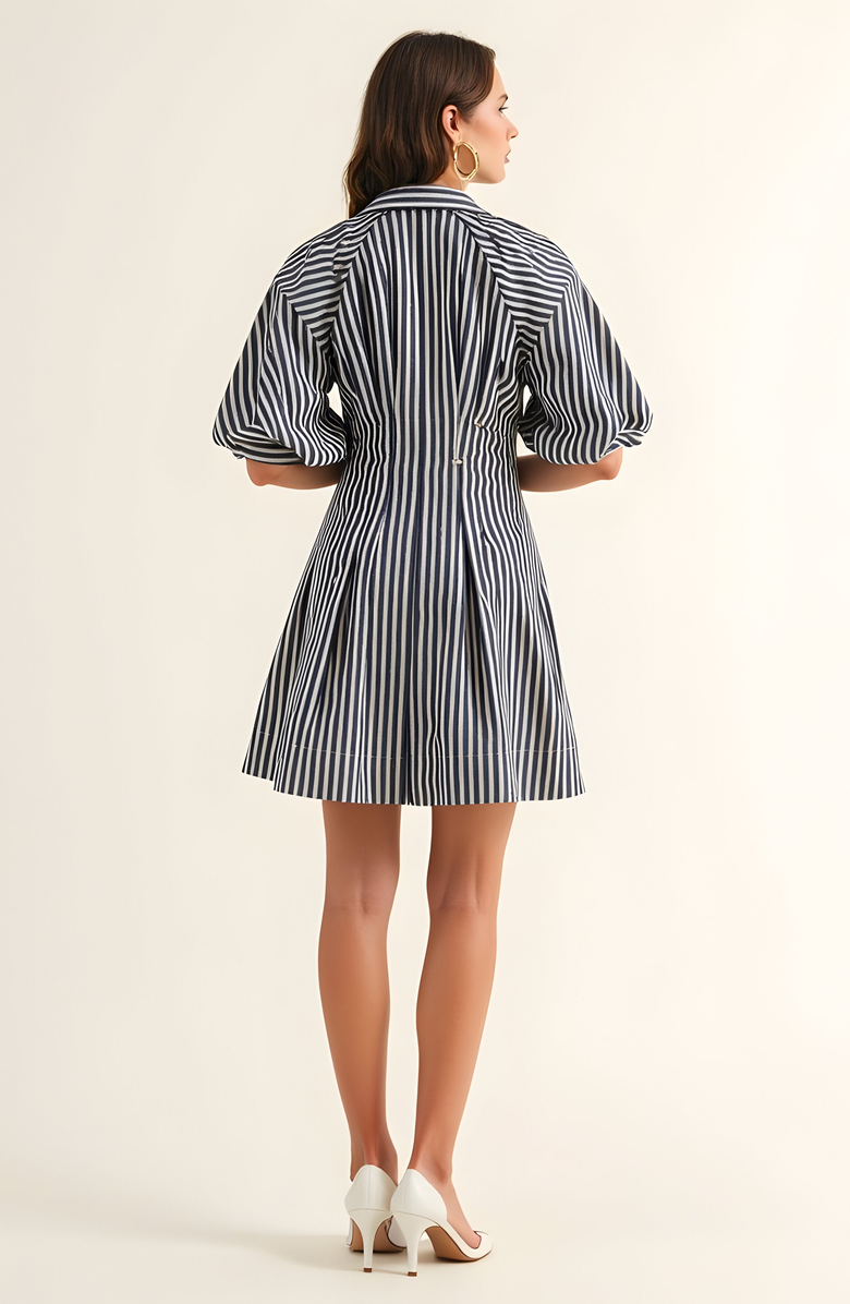 Modenaire Striped Puff Sleeve Tailored Shirt Dress, Alternate, color, Navy Blue / White Stripe