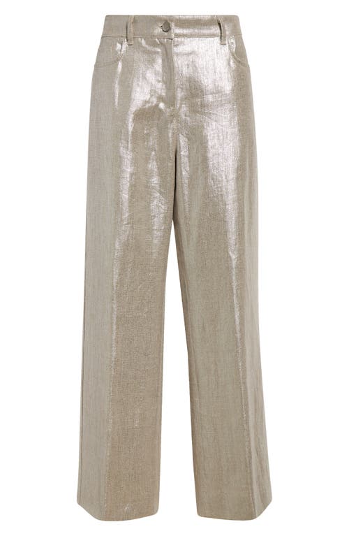 Max Mara Malika Metallic Coated Linen Wide Leg Pants In Silver