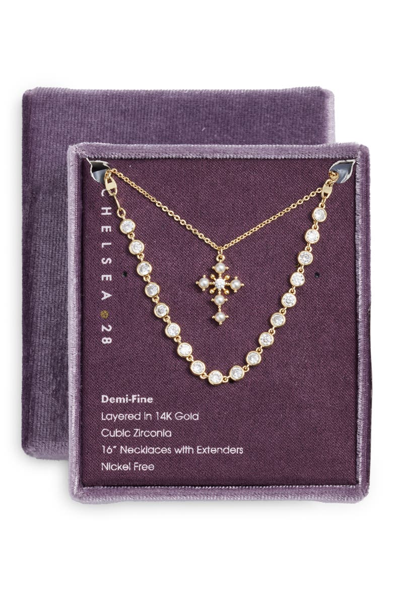 Gift Boxed Demi Fine Frontal Stone Necklace & Faux Pearl Cross Pendant Necklace, Main, color, WHITE- CLEAR- GOLD