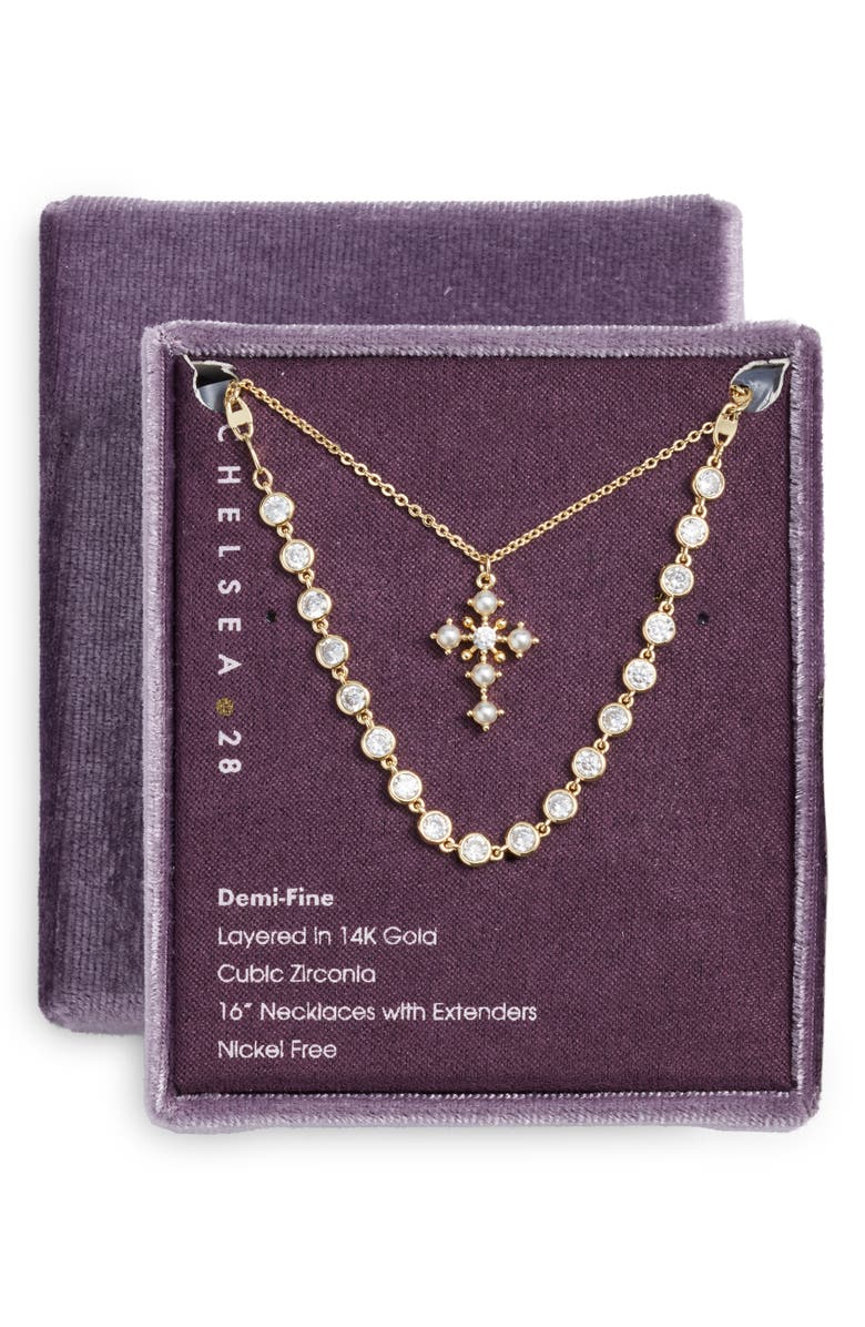 Chelsea28 Demi Fine Frontal Stone Necklace & Faux Pearl Cross Pendant Necklace, Alternate, color, White- Clear- Gold