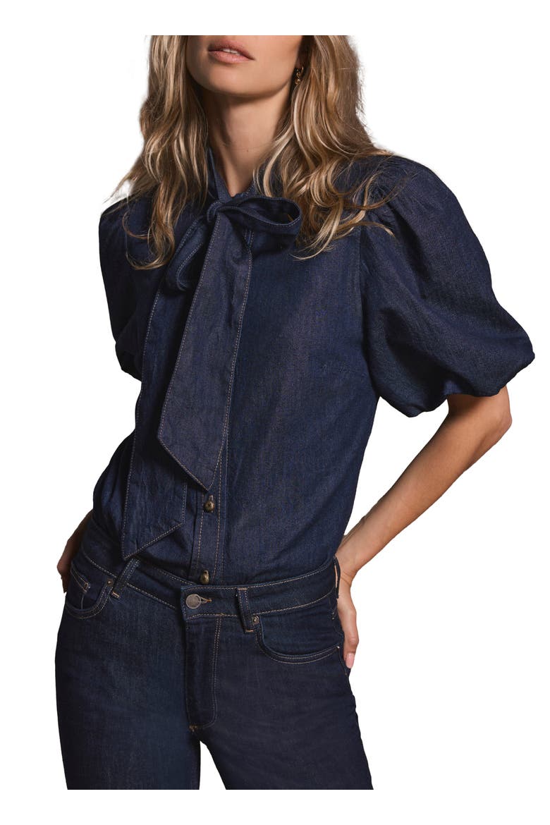 Puff Sleeve Denim Shirt, Main, color, Navy