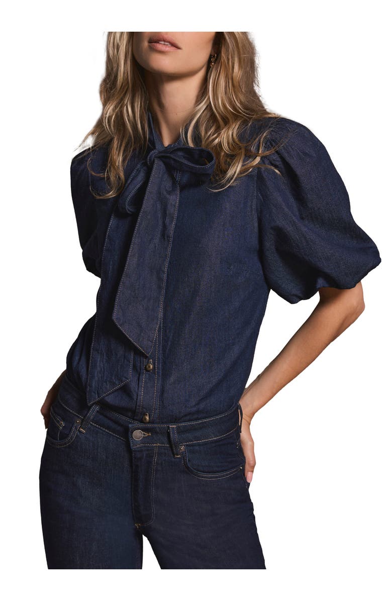 MINT VELVET Puff Sleeve Denim Shirt, Main, color, Navy