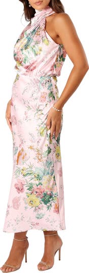 Anabelle Floral Mock Neck Satin Cocktail Dress