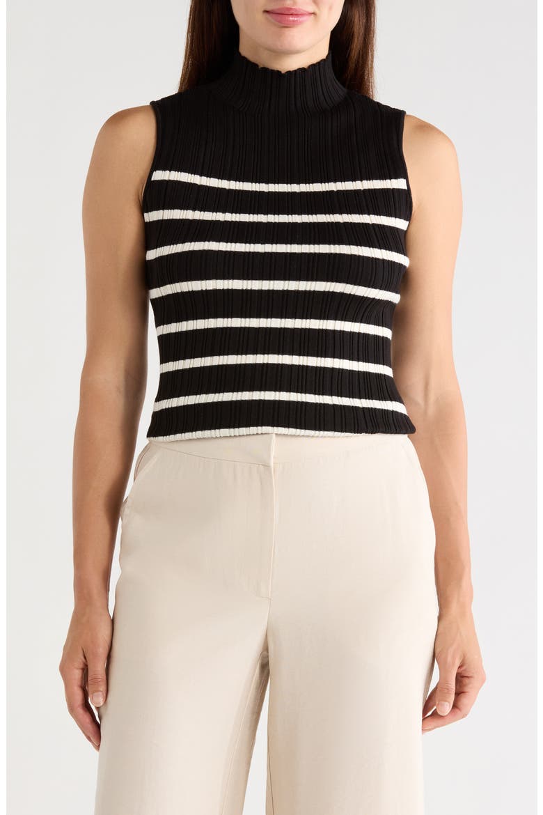 Mock Neck Sleeveless Ribbed Sweater, Main, color, BLACK/ IVORY