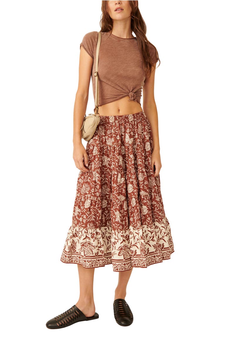 Full Swing Floral Border Detail Cotton Blend Midi Skirt, Alternate, color, CHOCOLATE COMBO