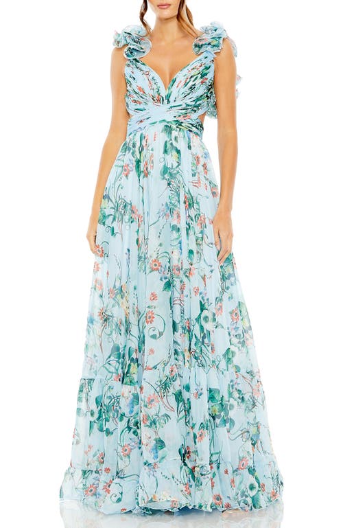 Mac Duggal Chiffon Cut-out Lace-up Back Gowm In Blue Multi