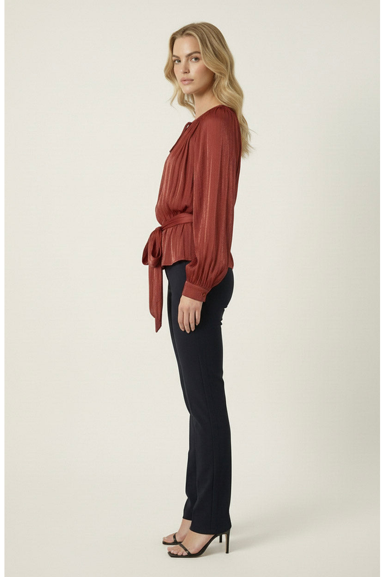 Long Sleeve Tie Neck Waist Belt Blouse, Alternate, color, Rust
