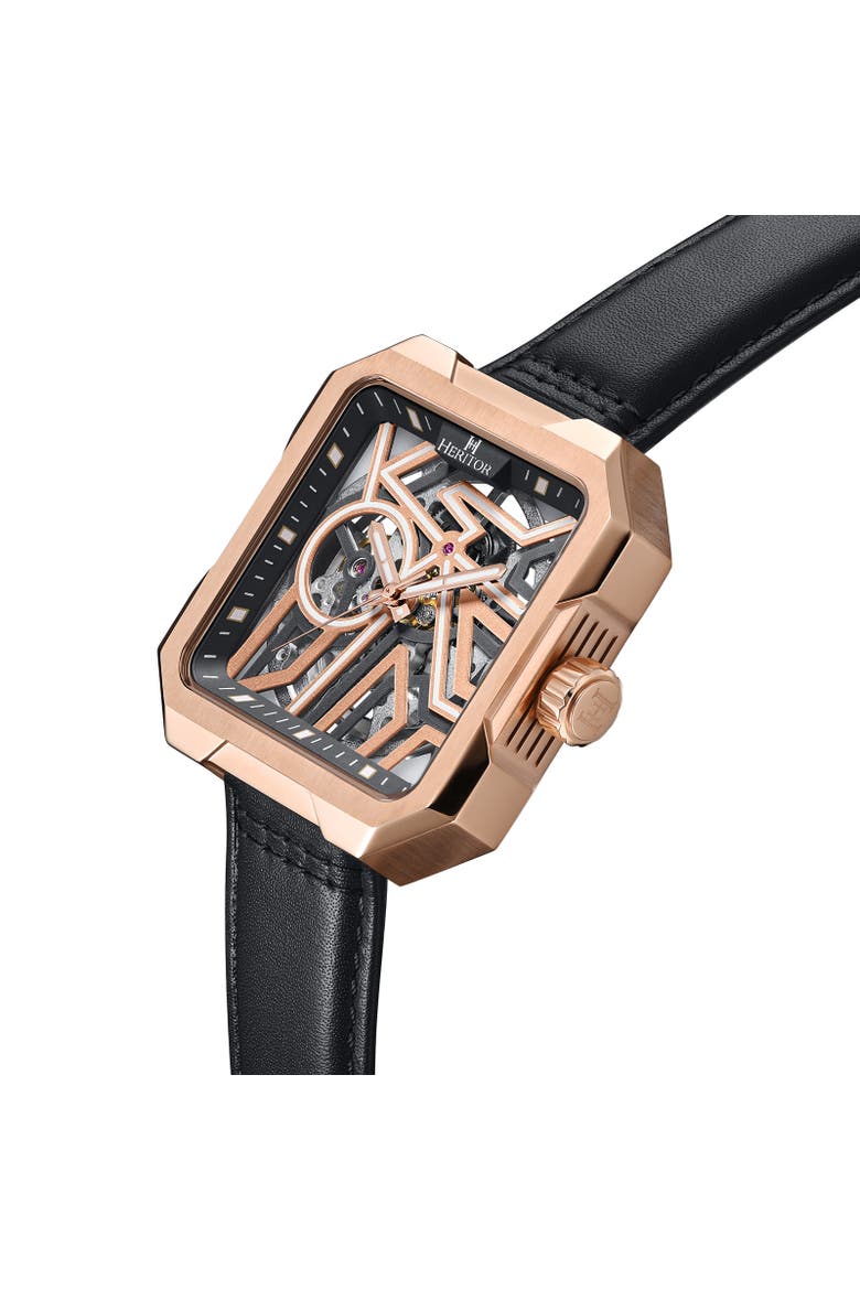 Campbell Leather-Band Skeleton Watch, Alternate, color, Rose Gold/Black