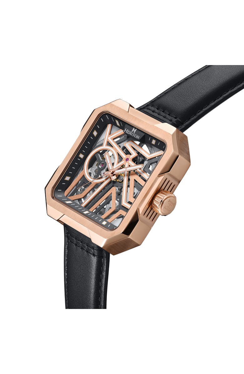 Heritor Automatic Campbell Leather-Band Skeleton Watch, Alternate, color, Rose Gold/Black