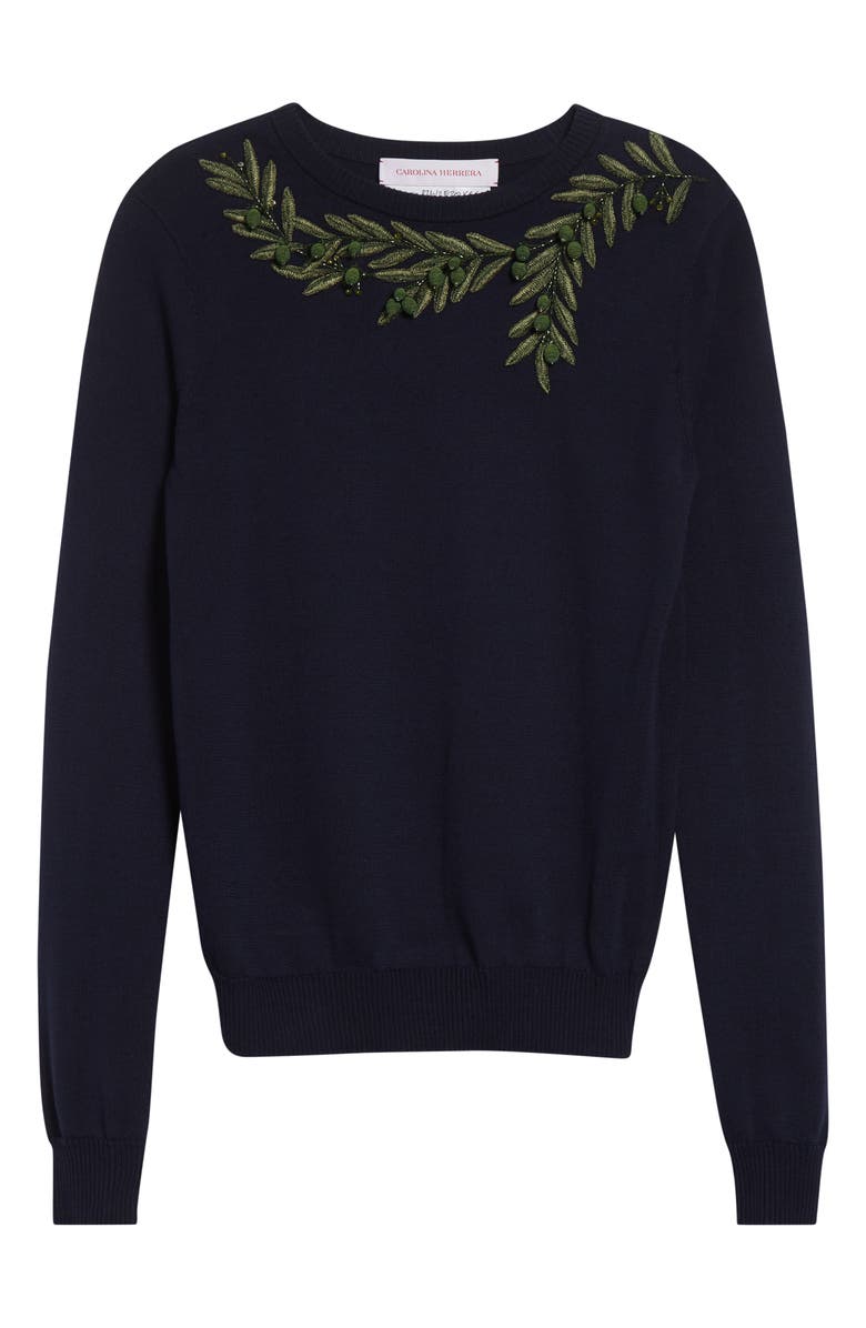 Carolina Herrera Olive Branch Embroidered Silk & Cotton Sweater, Alternate, color, Midnight Multi